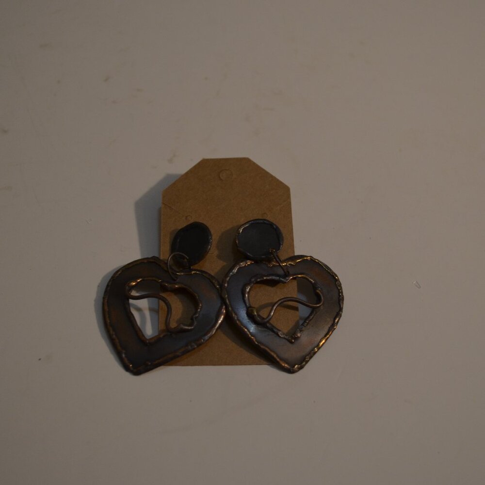 Vintage like Antique Brown Bronze Metal Earrings Studs Hanging Hearts Handmade